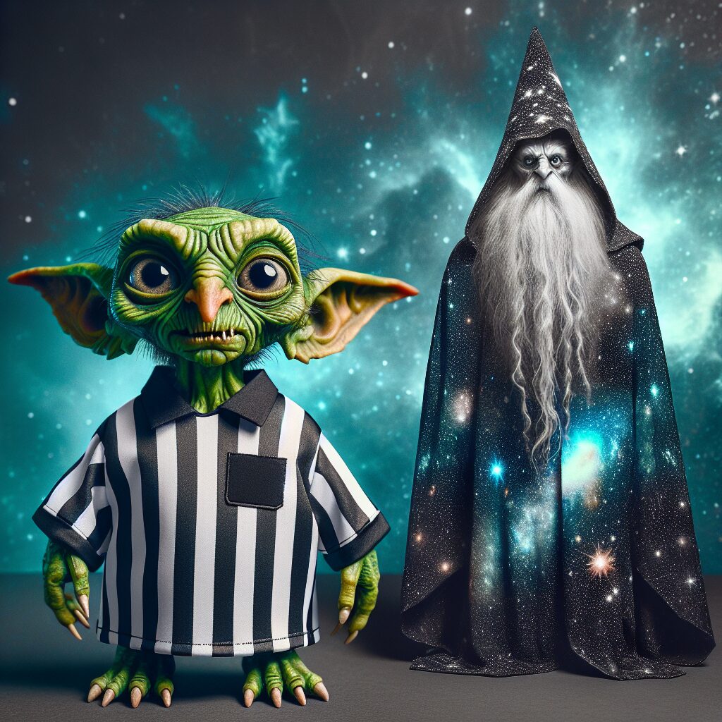 a goblin referee with a wizard menacingly standing behind