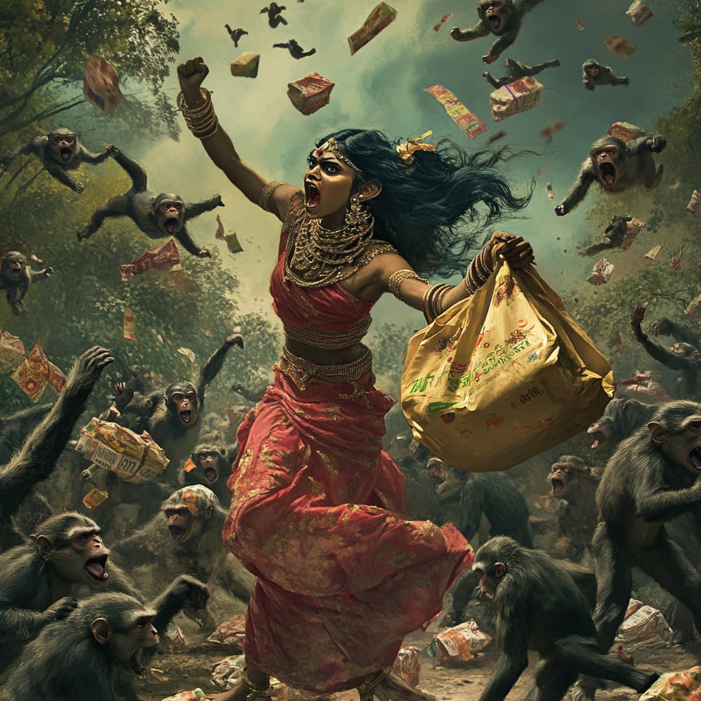 A depiction of a hindu goddess fighting monkeys